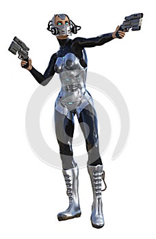 Cyborg Warrior, futuristic woman armed with guns, 3d illustration