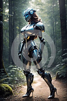 cyborg woman exploring the forest, generative ai illustration, science fiction scenery