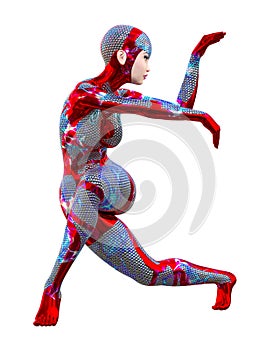 Cyborg Woman futuristic metallic neon suit