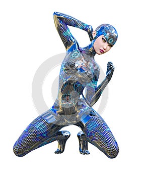 Cyborg Woman futuristic metallic neon suit