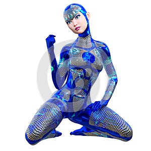 Cyborg Woman futuristic metallic neon suit