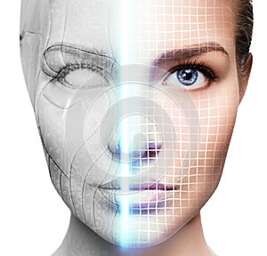 Cyborg woman with machine part of her face being scanned.