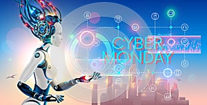 Cyborg woman show hologram with text cyber monday and icons online internet store. Robot advertising event sale promotion banner