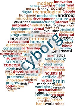 Cyborg Word Cloud Text Illustration in shape of a human head.