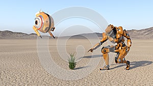 Cyborg worker with flying drone discovering a plant, humanoid robot with surveillance aircraft exploring deserted planet, mechanic