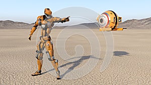 Cyborg worker with flying drone pointing, humanoid robot with surveillance aircraft exploring deserted planet, mechanical android,