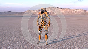 Cyborg worker, humanoid robot in desert with mountains in the background, mechanical android, 3D render