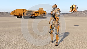 Cyborg worker with spaceship and drone, humanoid robot with spacecraft exploring deserted planet, mechanical android, 3D render