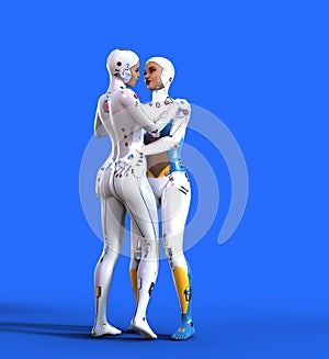 Cyborgs` friendship, futuristic women in white suit on blue background, 3d illustration