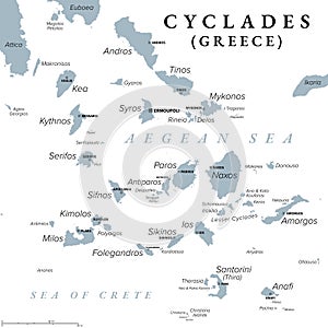 Cyclades, group of Greek islands in the Aegean Sea, gray political map