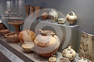 Cycladic pottery in museum of archaeology, Athens, Greece