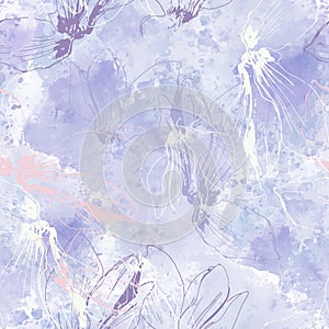 Cyclamens. Art floral background. Seamless pattern with hand drawn flowers on lilac watercolor background. Vector.  Perfect for