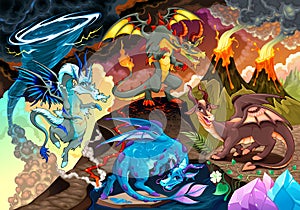 Cycle of air, earth, fire, and water with each dragon