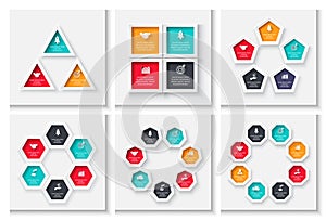 Cycle business graphic elements. Business process infographics with 3, 4, 5, 6, 7 and 8 steps. Geometric presentation