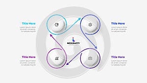 Cycle diagram with 4 options or steps. Infographic template. Four white circles with thin lines
