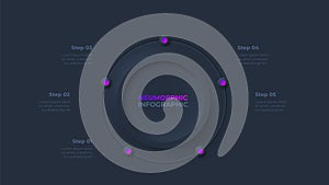 Cycle diagram with 5 options or steps. Dark infographic neumorphism template