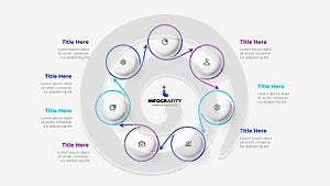 Cycle diagram with 7 options or steps. Infographic template. Seven white circles with thin lines