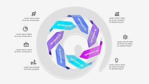 Cycle infographic diagram with 7 arrows connected to business icons. Represents data visualization, business planning, and