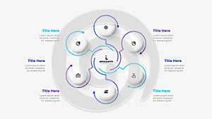 Cycle infographic with thin line arrows and circles. Business template with 6 options