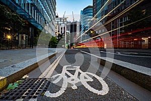Cycle lane on a London street with light trails