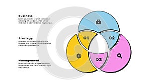 Cycle neobrutalism diagram divided into 3 steps, options or processes. Circle infographic design template