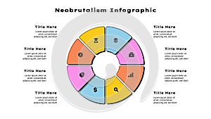 Cycle neobrutalism diagram divided into 8 sectors. Circle infographic design template