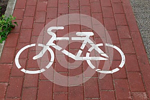 Cycle path pedestrian warning sign. Sidewalk markings. Background