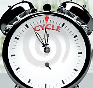 Cycle soon, almost there, in short time - a clock symbolizes a reminder that Cycle is near, will happen and finish quickly in a
