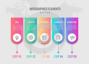 Cycle timeline. Business infographic elements timeline with 5 steps workflow. Process visualisation concept. Vector