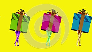 cycled animation of dancing colorful 3d gift boxes with mannequin legs, isolated on yellow background. Funny disco party.