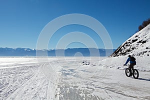 Cycler on the ice of Baikal lake