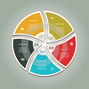 Cyclic diagram with five steps and icons.