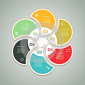 Cyclic diagram with six steps and icons.