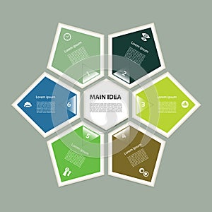 Cyclic diagram with six steps and icons.