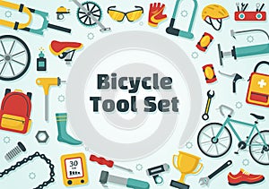 Cycling and Bicycle Tool Set Vector Illustration of a Mechanic Repairing Bicycles in a Workshop with Spare Parts in Flat Cartoon