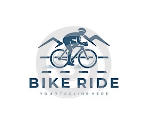 Cycling, bike ride, man on bike and mountains, logo design. Cyclist, bike cyclist, bicycle, cycle or velocipede, vector design