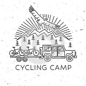 Cycling camp. Vector illustration. Concept for shirt or logo, print, stamp or tee. Vintage line art design with car and