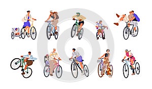 Cycling characters set. Happy people riding bicycles. Active cyclists on bikes. Men, women, kids enjoying summer sports