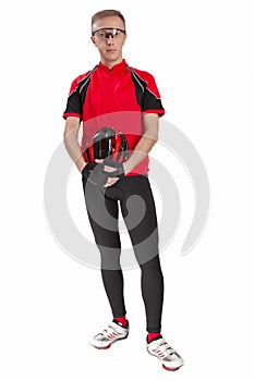 Cycling Concepts. Full Length Portrait of Male Professional Cyclist Posing in Glasses and With Helmet