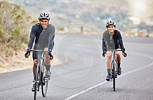 Cycling, couple goals and fitness while riding bicycle on countryside road for health and exercise. Happy male and