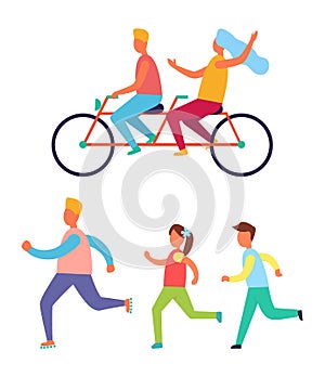 Cycling Couple Jogging Family Vector Illustration