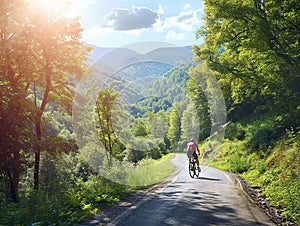 Cycling. a cyclist cycling on a mountain road on a spring day