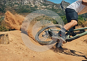 Cycling, dirt and extreme sports with man on mountain bike for adventure, fitness and adrenaline junkie. Exercise, risk