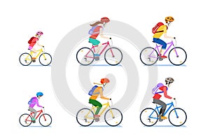 Cycling family isolated on white background. Vector flat style cartoon illustration of mom, dad and child riding bikes