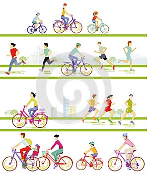 Cycling with family in nature and athletes in leisure time illustration