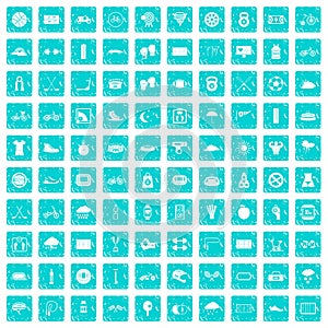 100 cycling icons set grunge blue