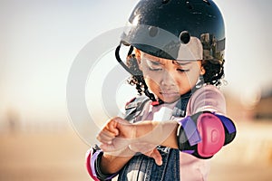 Cycling injury, child and pain from a bike accident outdoor feeling stress and sadness. Young girl and summer cyclist or