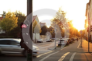 A cycling lane traffic light shows red light at an frequented intersection illuminated by low sun.