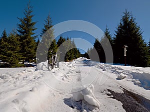Cycling on large tyres in fresh snow. Biker goes by bike on the snowy road