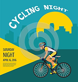 Cycling night poster. cyclist riding through the city